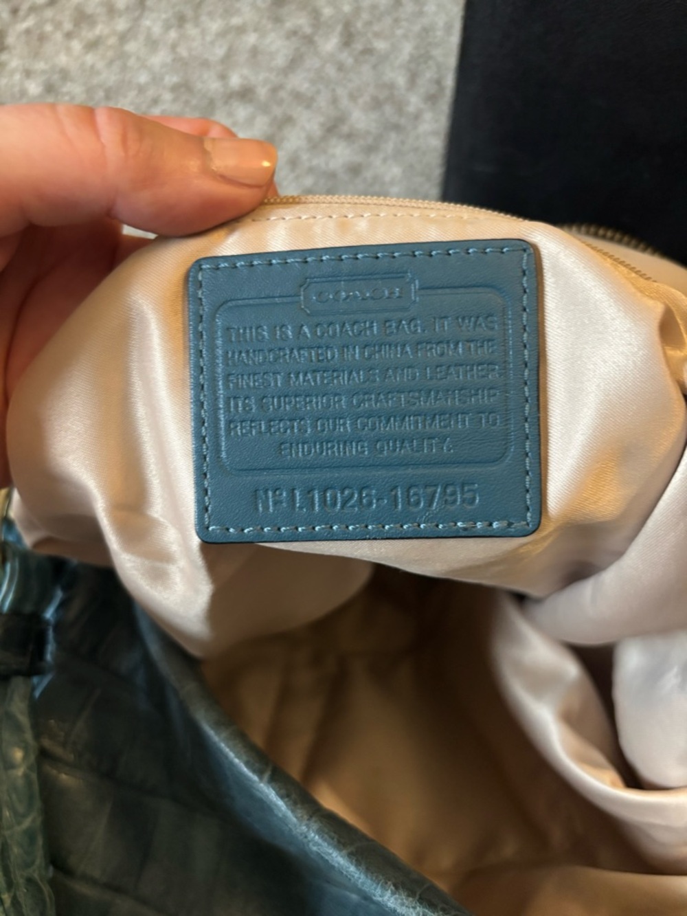 Teal Croc-Embossed Leather Tote Bag with Gold Hardware - Picture 10 of 16